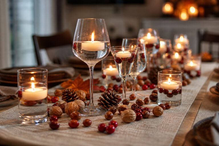 Mismatched wine glasses filled with floating candles and cranberries on a Thanksgiving table runner