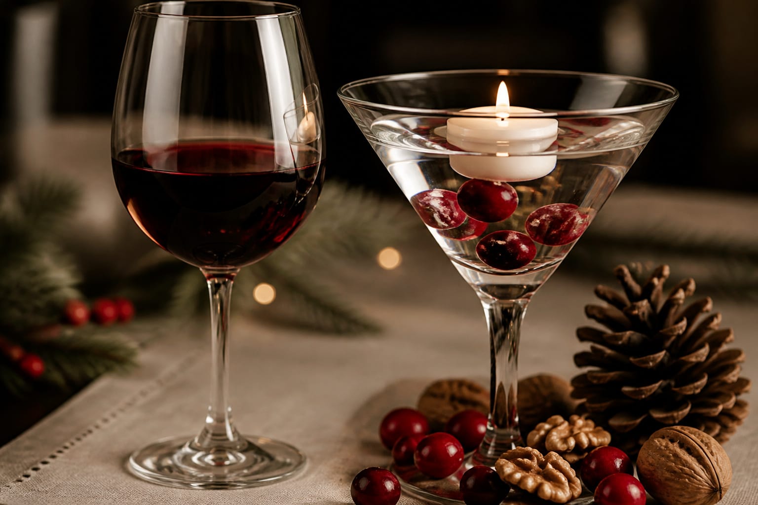 Wine glass and martini glass with a floating candle, cranberries, and walnuts on a table runner