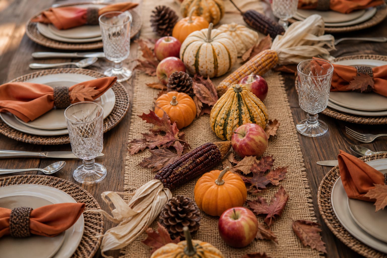 Burlap table runner styled with mini pumpkins, gourds, apples, and dried leaves