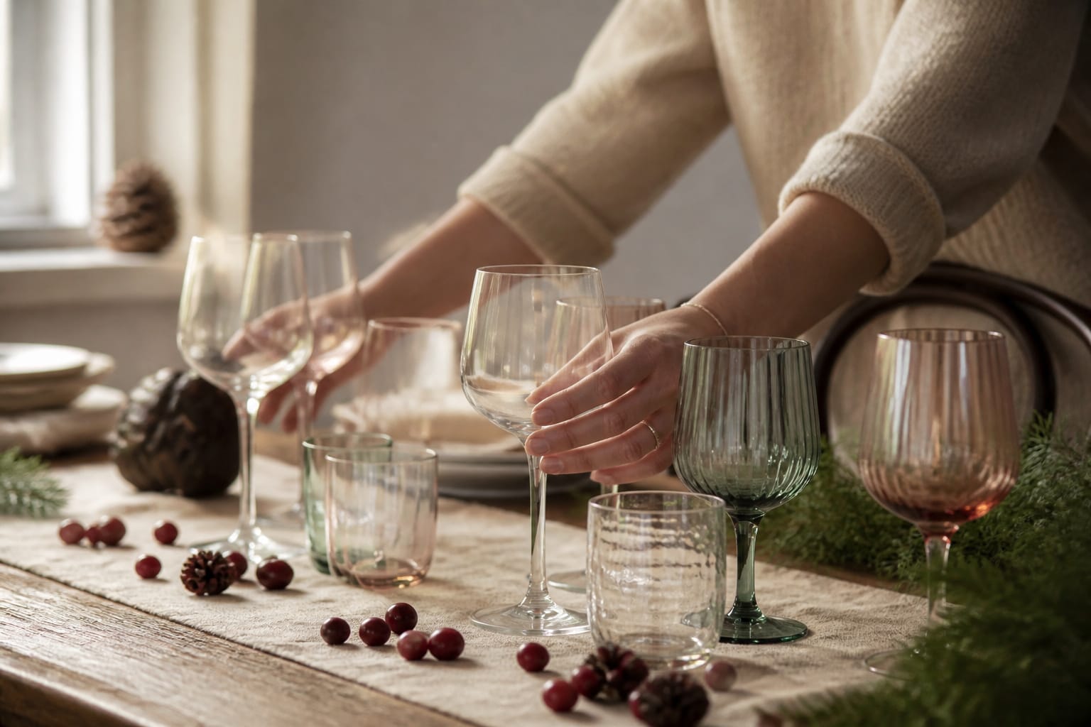 Florist arranging mismatched wine glasses and cranberries into a Thanksgiving centerpiece