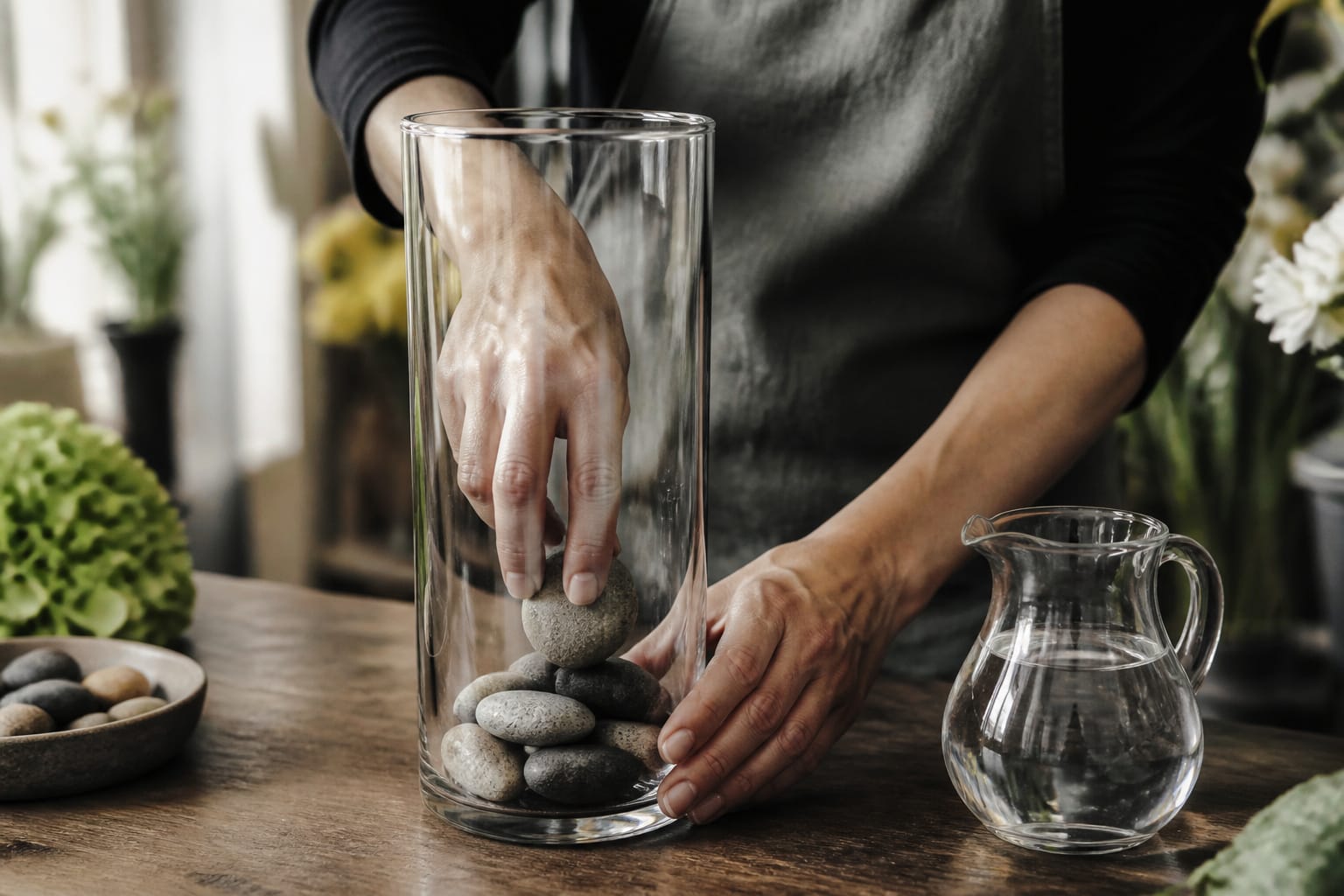 Florist adding river stones to the bottom of a tall glass cylinder vase