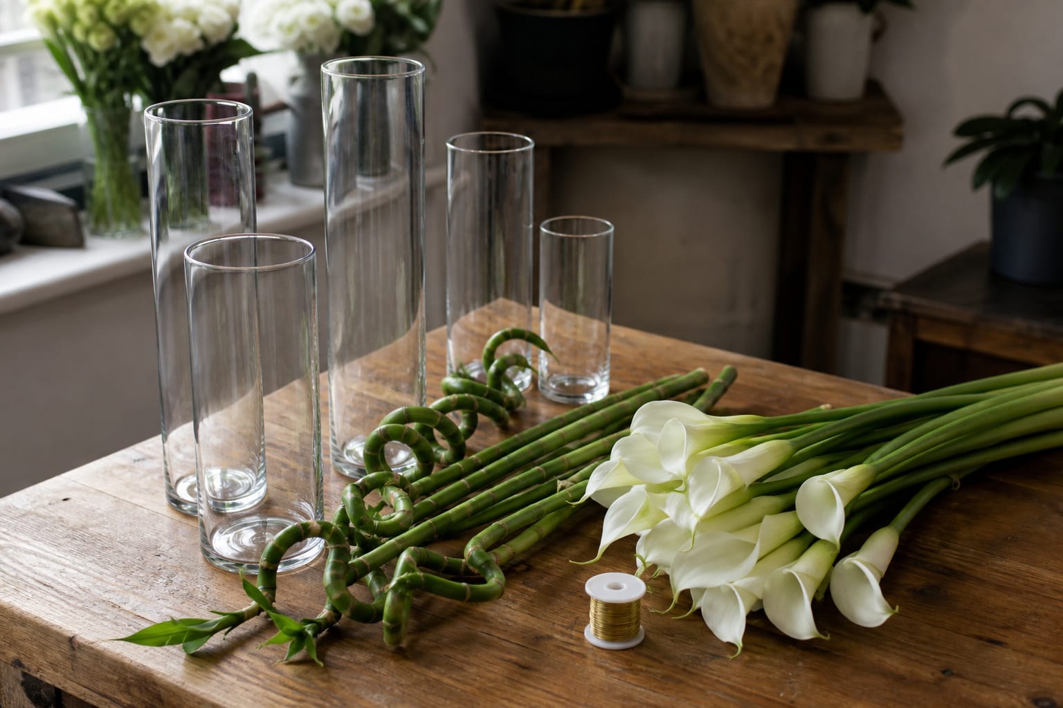 Calla lilies, spiral bamboo, cylinder vases, and bullion wire laid out on a florist's worktable