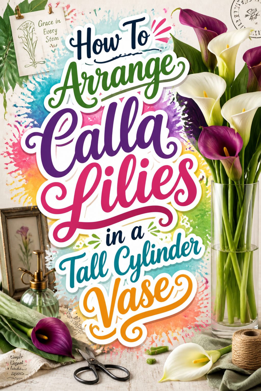 Pinterest graphic for how to arrange calla lilies in a tall cylinder vase