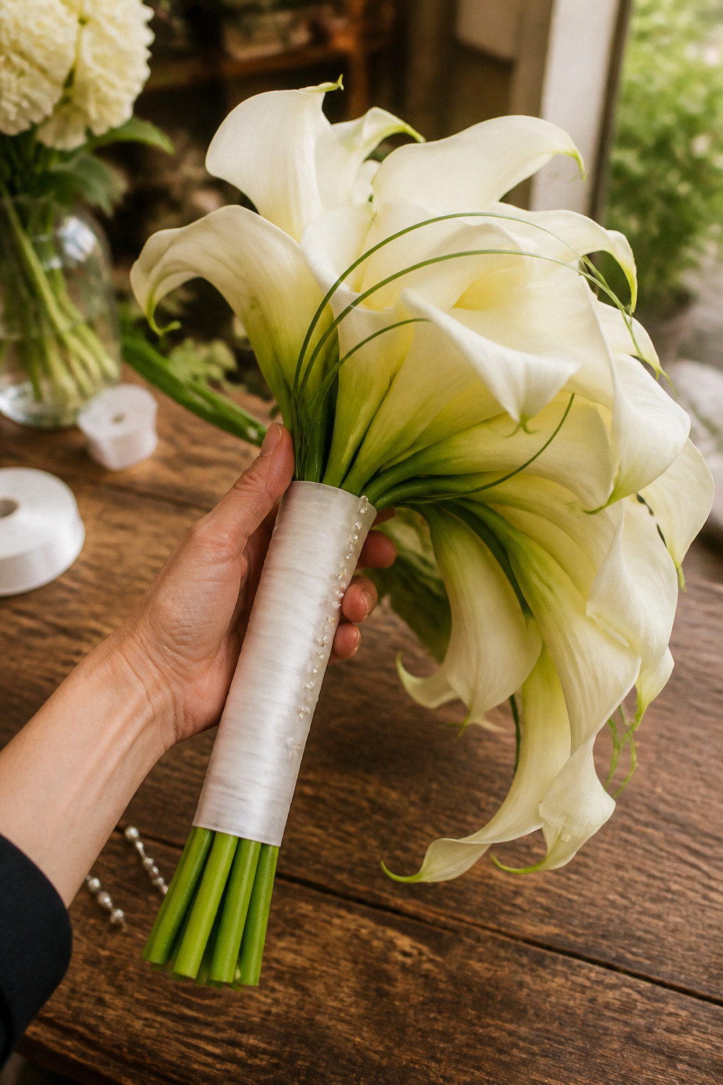 Finished cascading calla lily bouquet handle wrapped in white satin ribbon with pearl pins