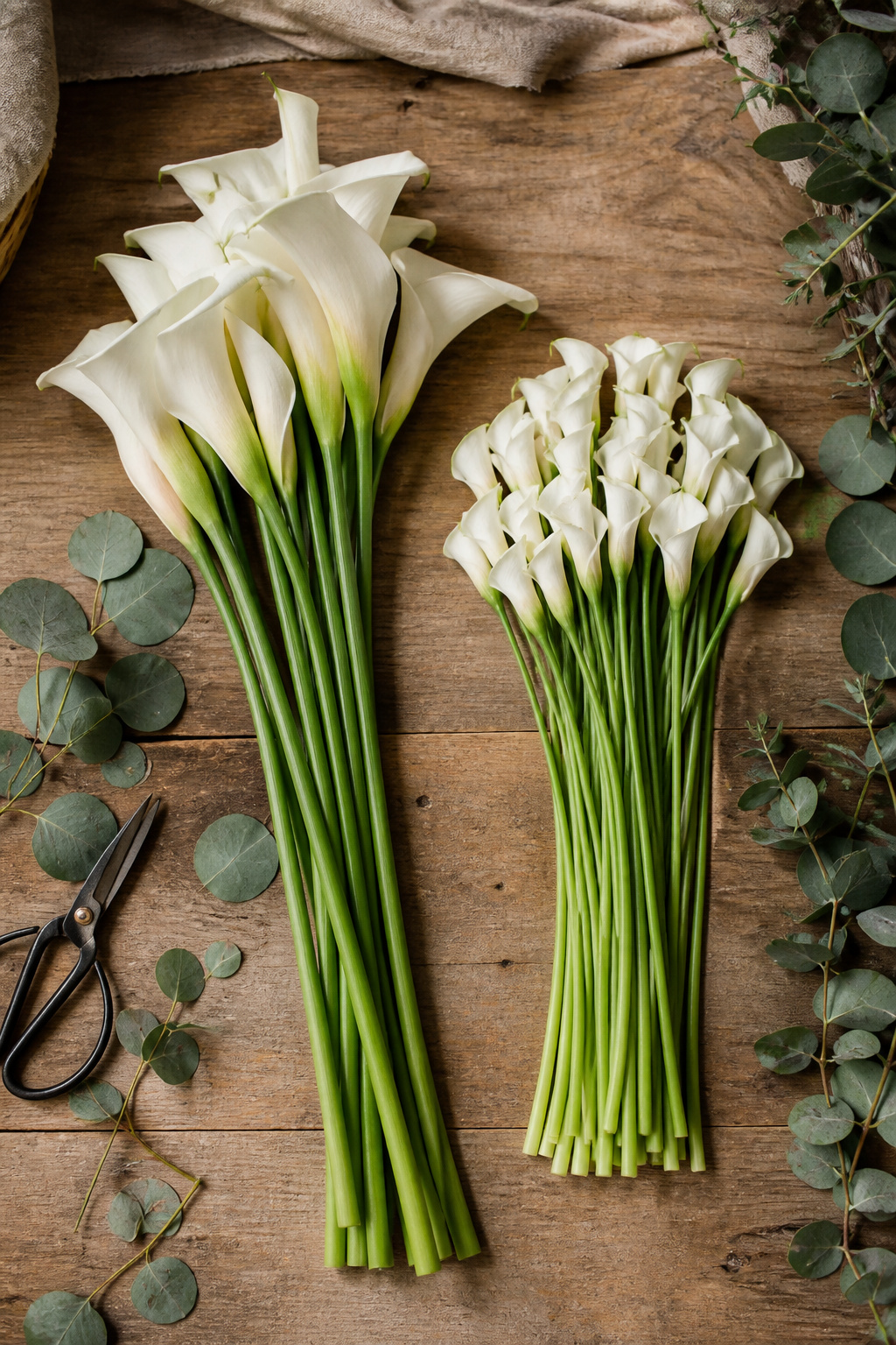 Standard and mini calla lilies laid out on a florist worktable showing size comparison
