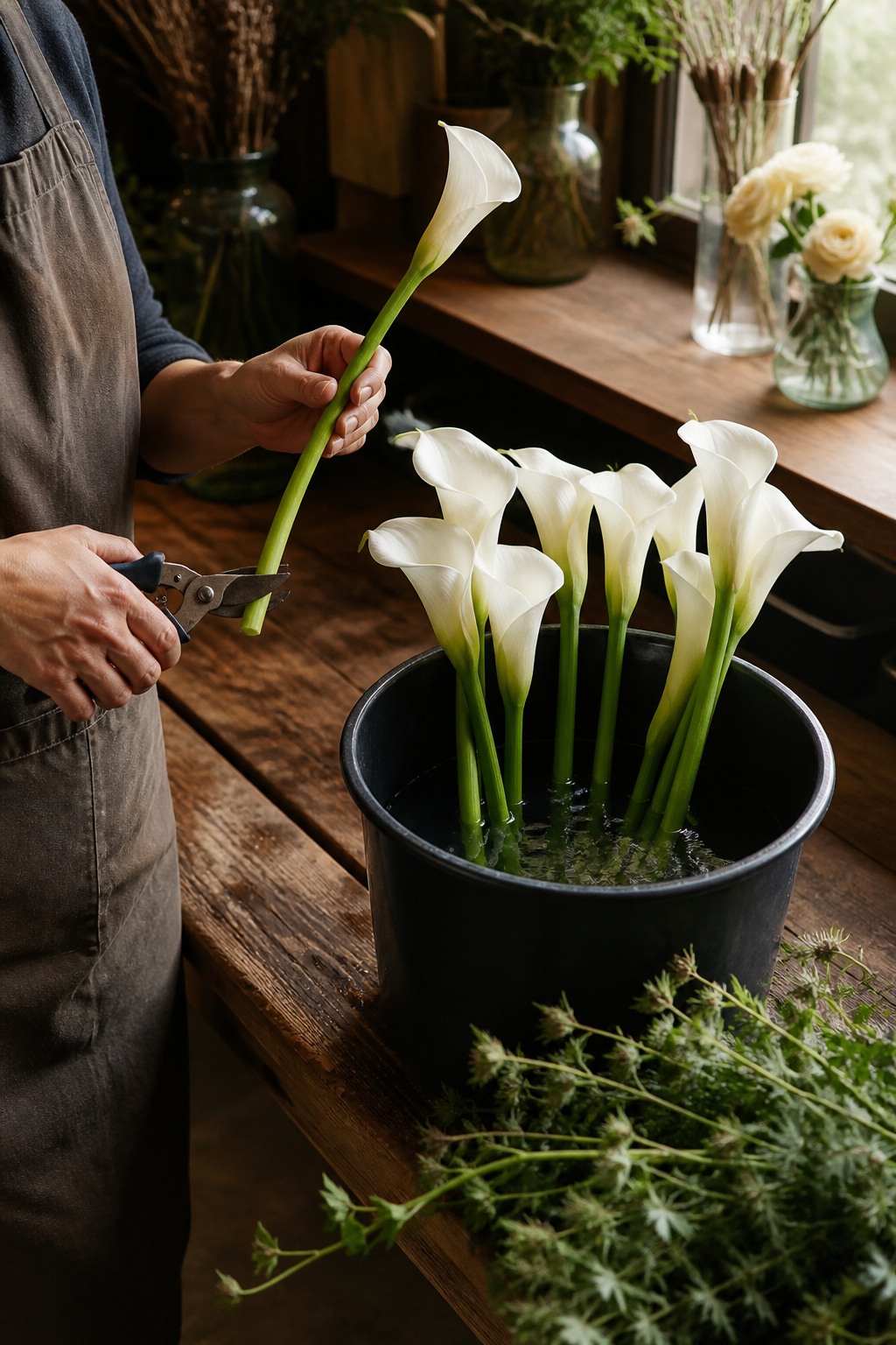 Calla lily stems cut at an angle and placed in a bucket of water on a florist worktable