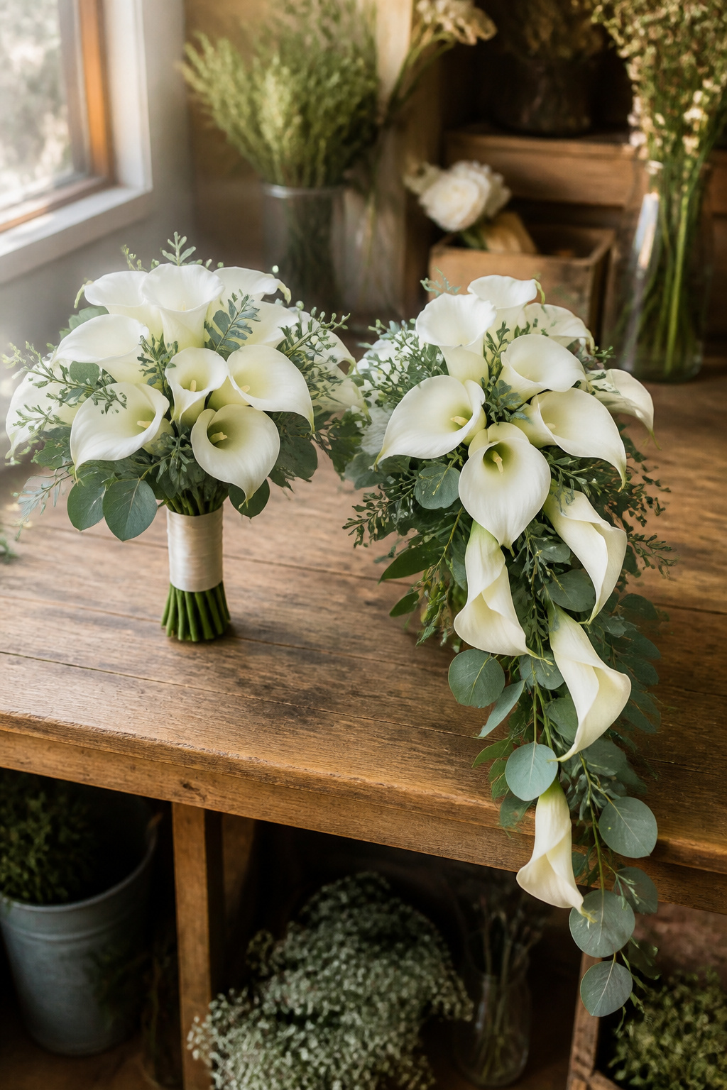Teardrop-shaped cascading bridal bouquet showing structural difference from round bouquet
