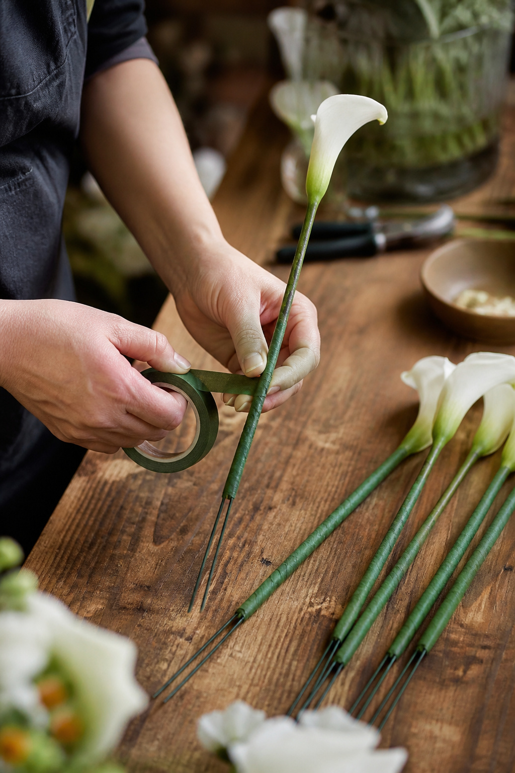 Florist hands inserting floral wire into a mini calla lily stem and wrapping with floral tape
