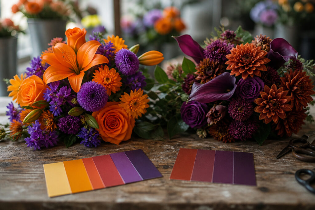 Side-by-side comparison of bright candy-corn orange versus rust and eggplant Halloween color tones on a florist's worktable