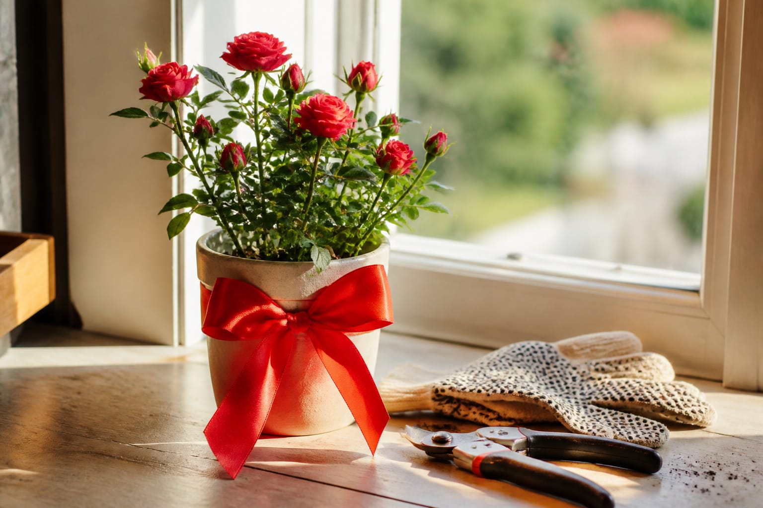 Potted flowering plant with a red bow beside garden gloves, an alternative Valentine's Day gift for a gardener