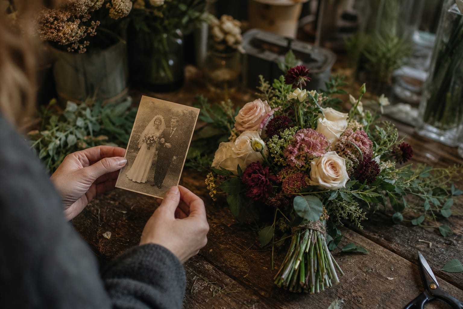 Florist comparing a wedding photo to a bouquet being recreated on the workbench