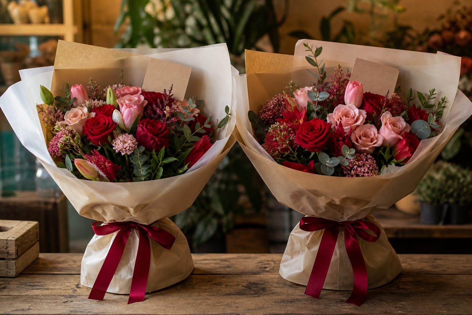 Two matching bouquets prepared for delivery, one for a Valentine and one for her mother