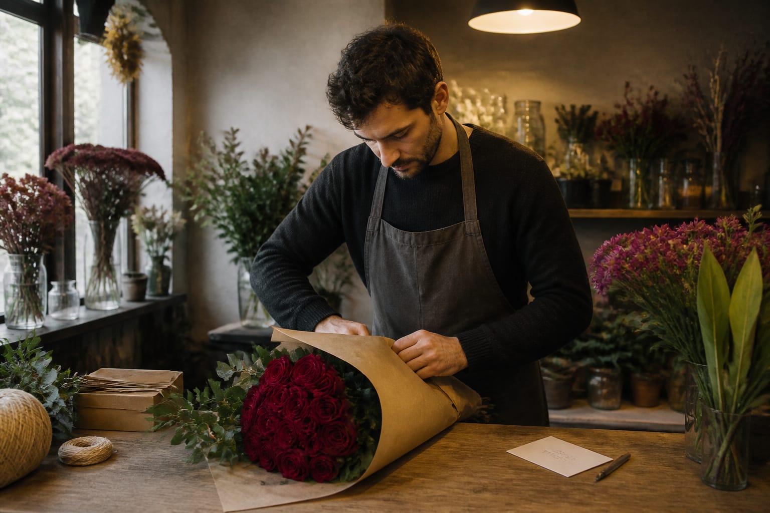 Florist wrapping a bouquet of red roses for early Valentine's Day delivery