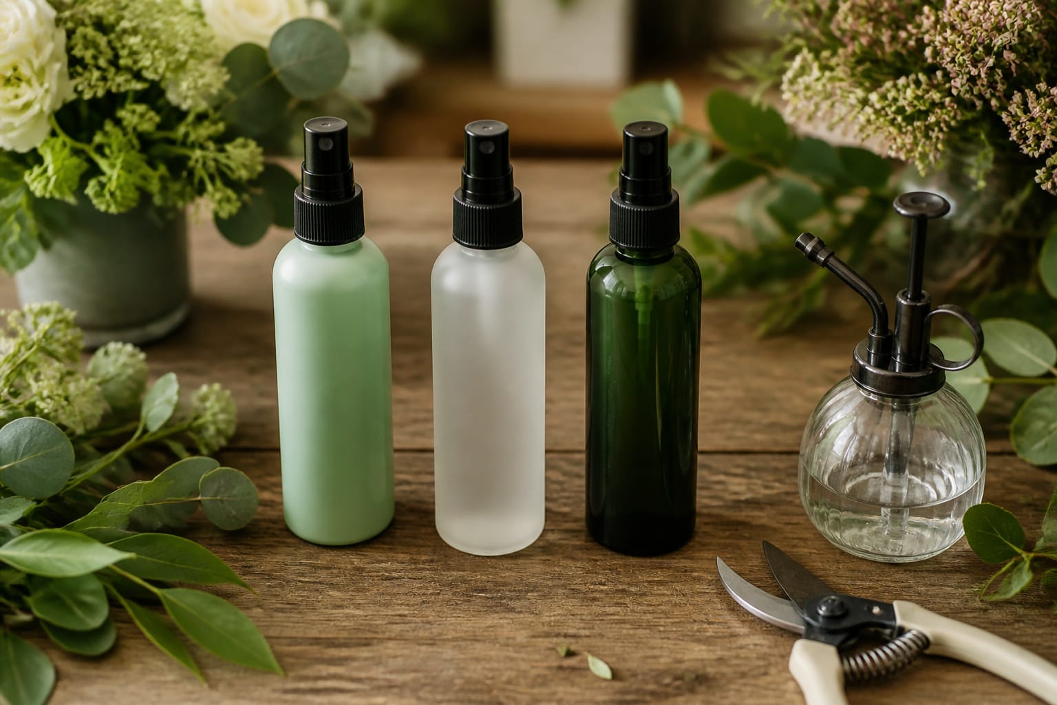 Florist finishing spray bottles arranged on a worktable for a shopping list overview
