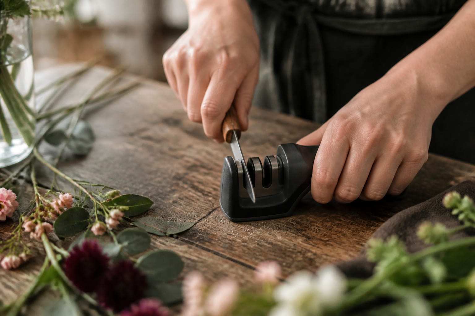 Florist sharpening a floral knife blade at the worktable