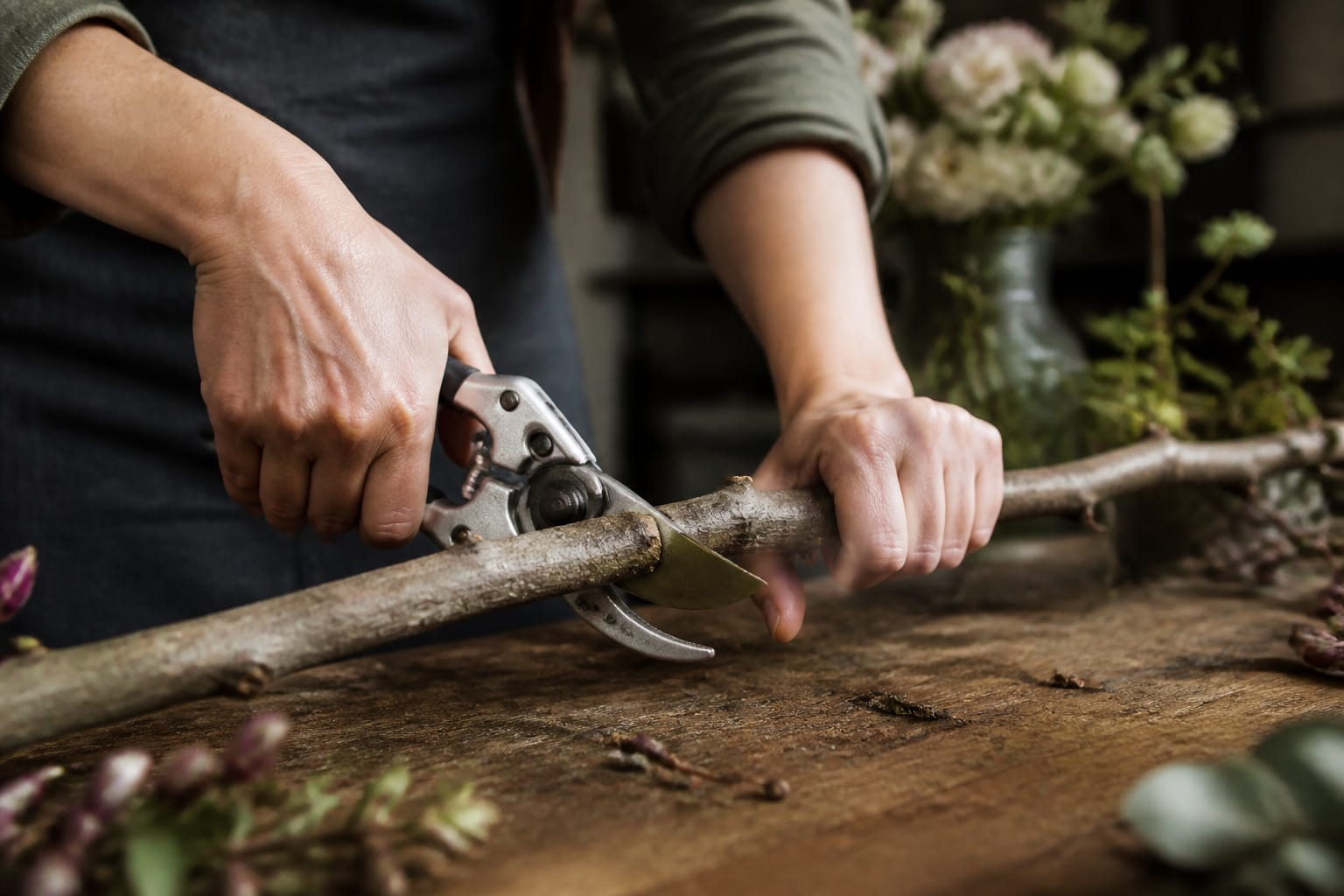 Florist using ratchet shears to cut a thick woody branch