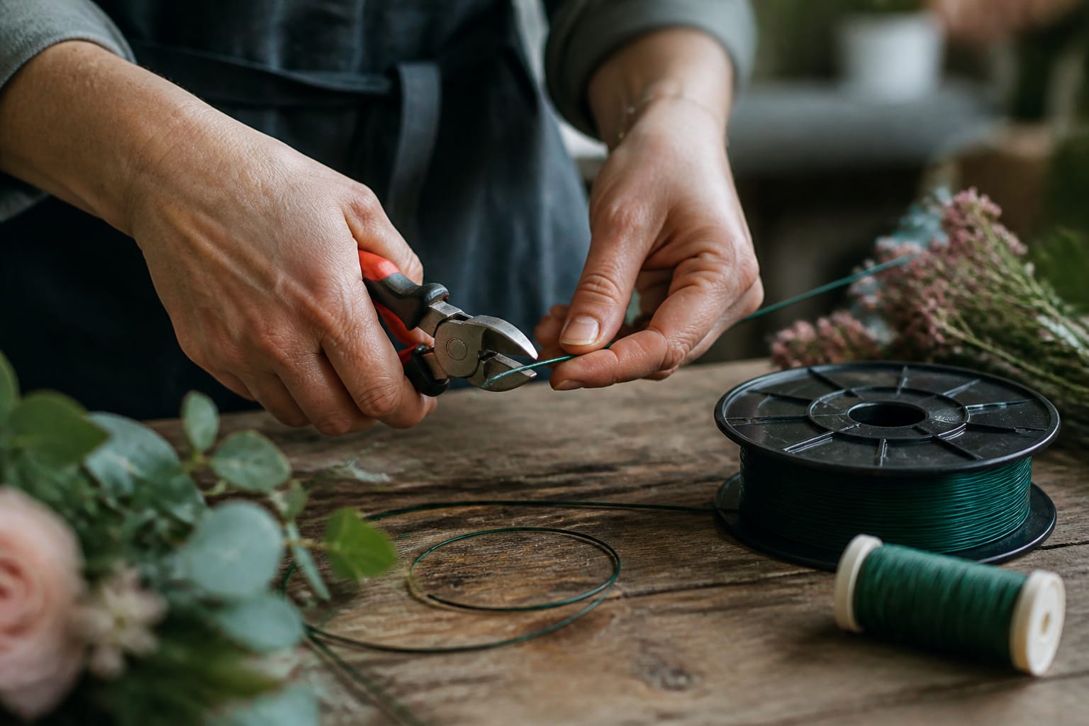 Florist cutting heavy floral wire with dedicated wire cutters