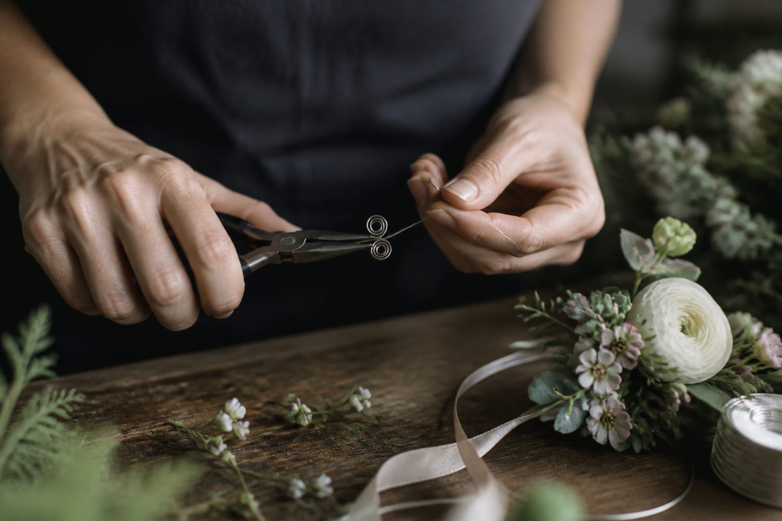 Florist shaping fine wire with a jewelry plier for corsage work