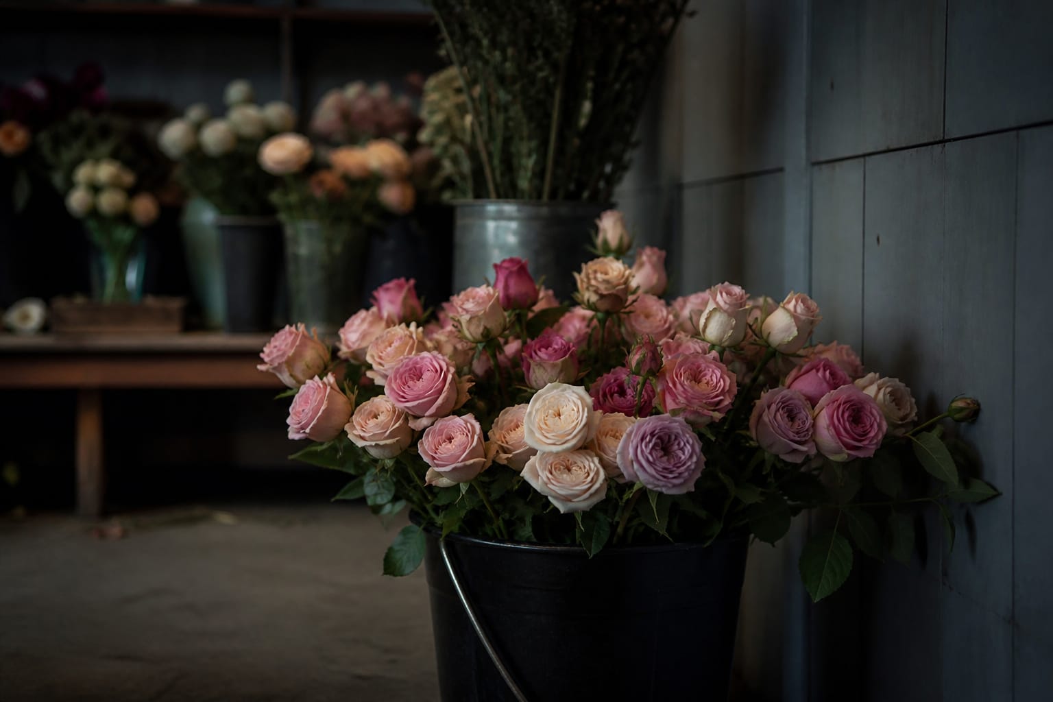 Bucket of roses conditioning in a cool, dim corner of the shop