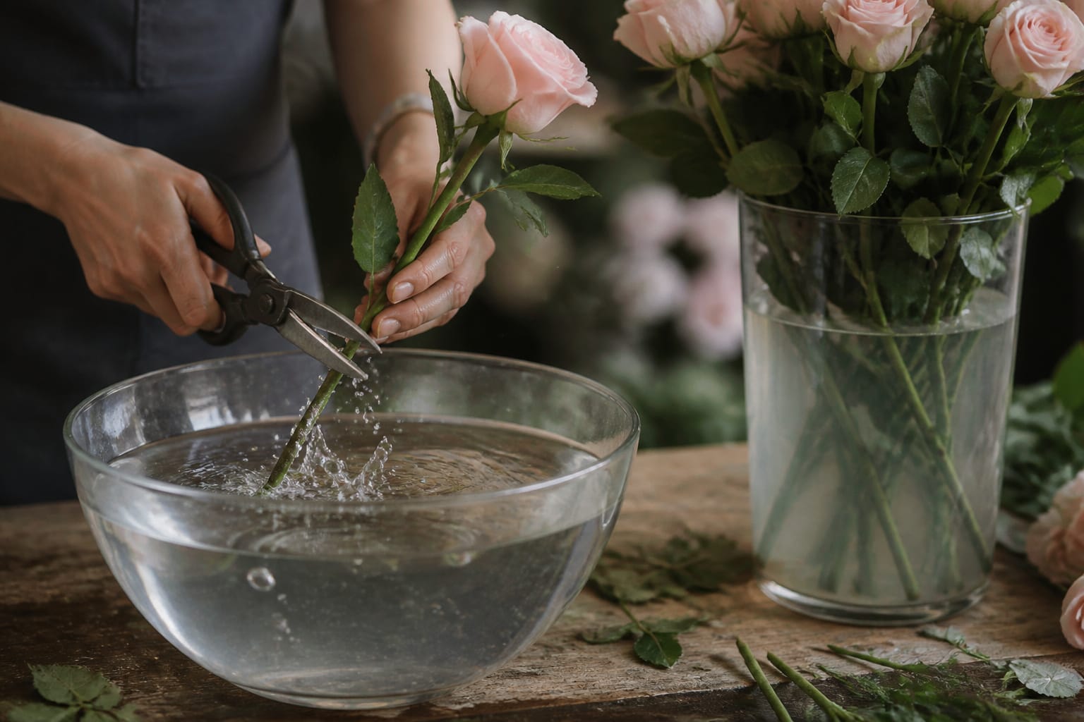 Florist re-cutting a rose stem underwater during a water refresh