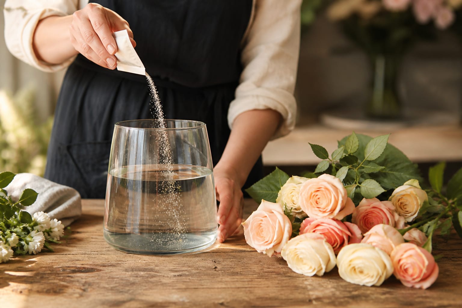 Florist mixing flower food into warm water for fresh roses