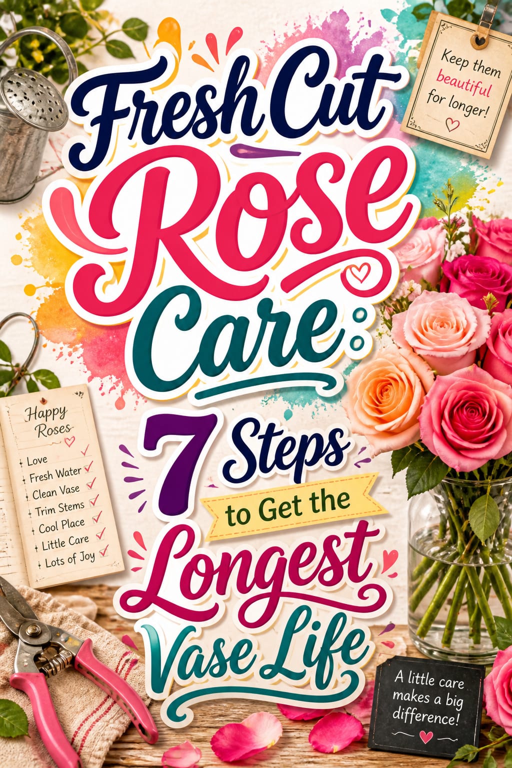 Pinterest graphic for Fresh Cut Rose Care: 7 Steps to Get the Longest Vase Life