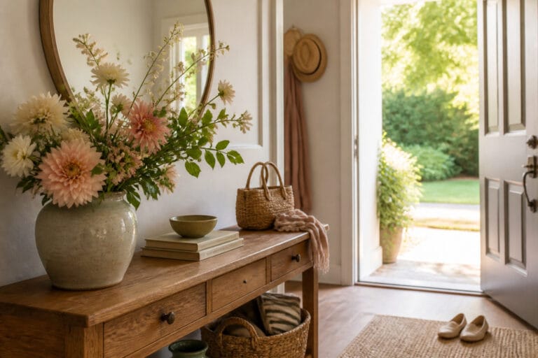 A welcoming entryway console table styled with a fresh flower arrangement near the front door
