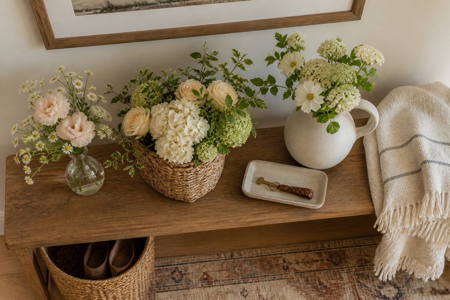 Three different styled flower arrangement ideas for an entryway bench