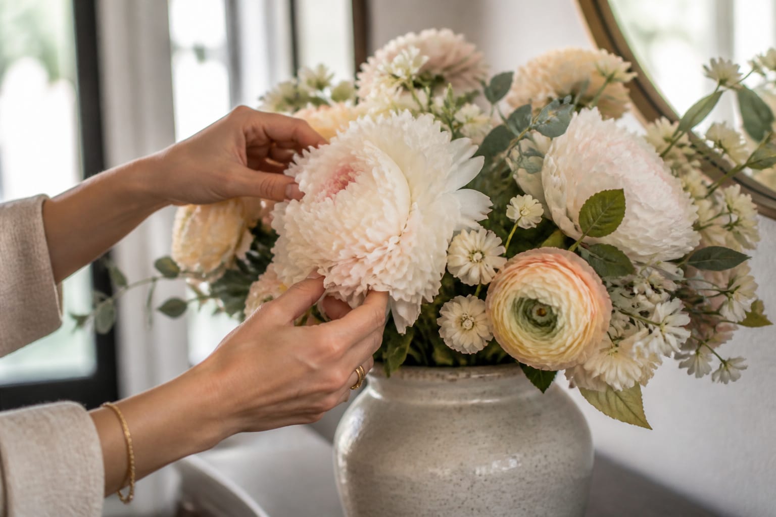 Hands arranging a lifelike silk flower bouquet in a vase on an entryway table