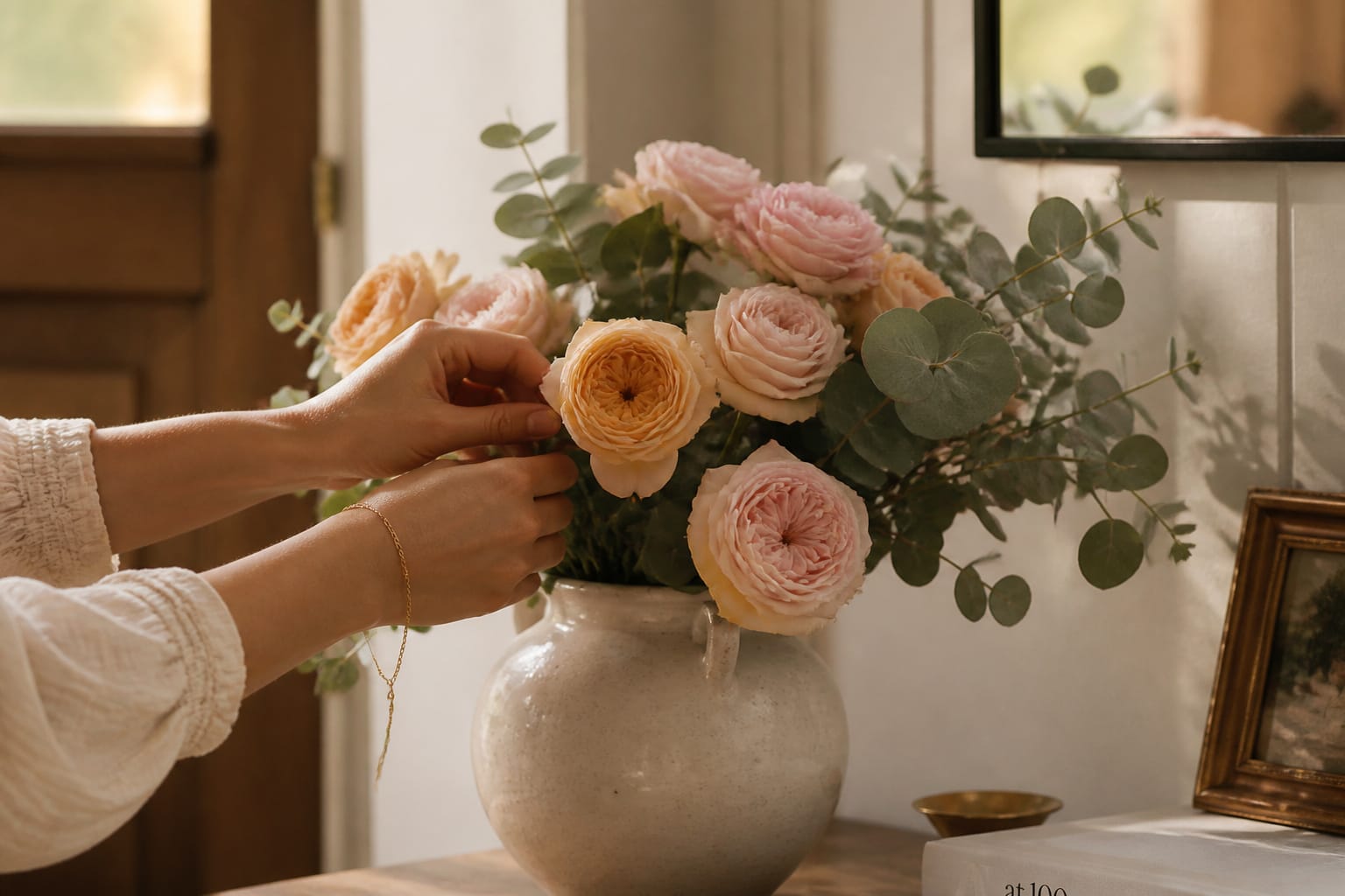 Hands arranging fresh roses and eucalyptus in a vase on an entryway table