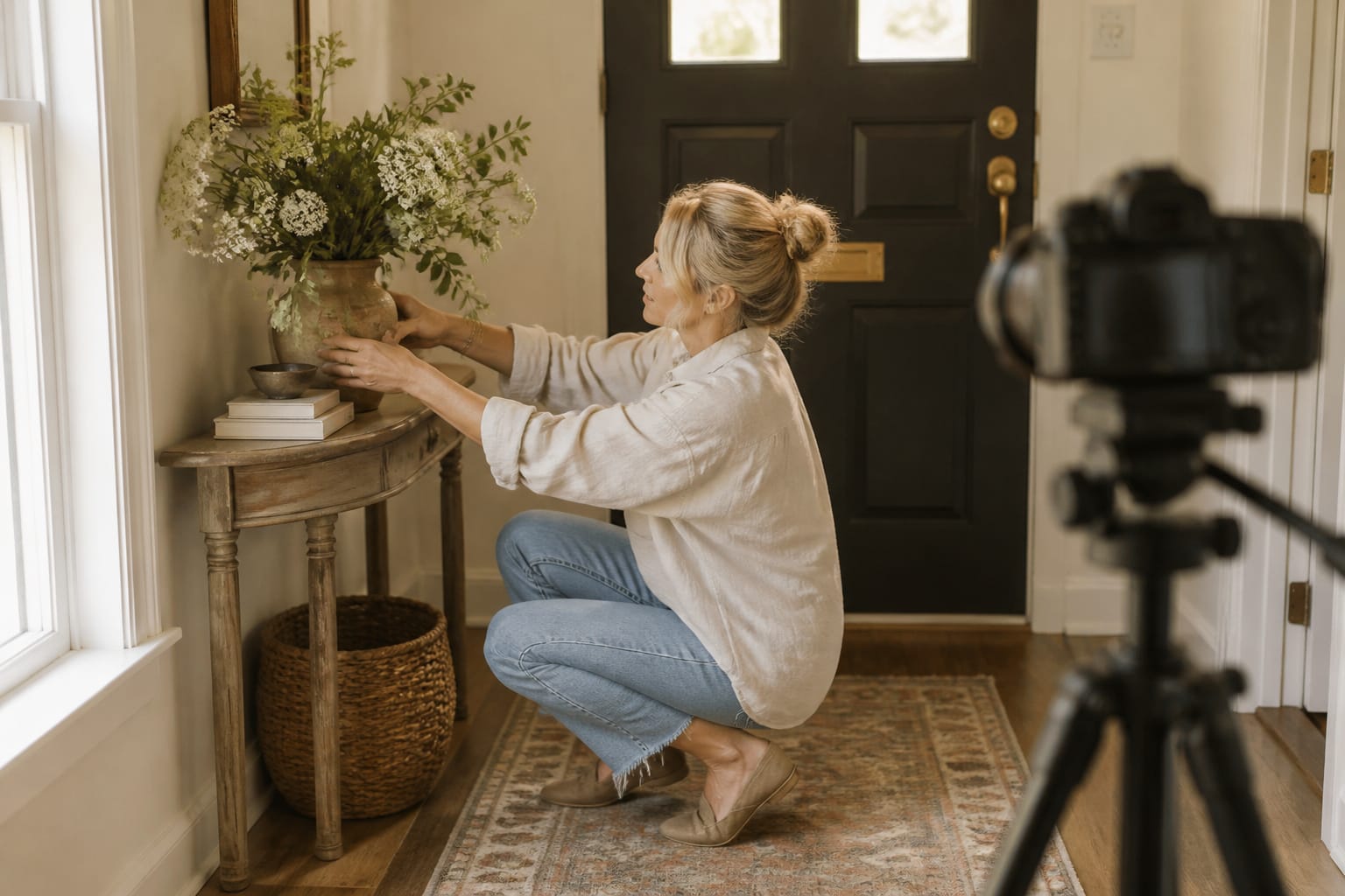 An interior stylist adjusting an entryway flower arrangement beside the front door
