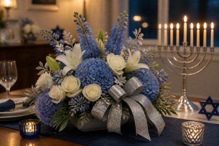 Blue and white Hanukkah floral centerpiece on a dining table near a menorah
