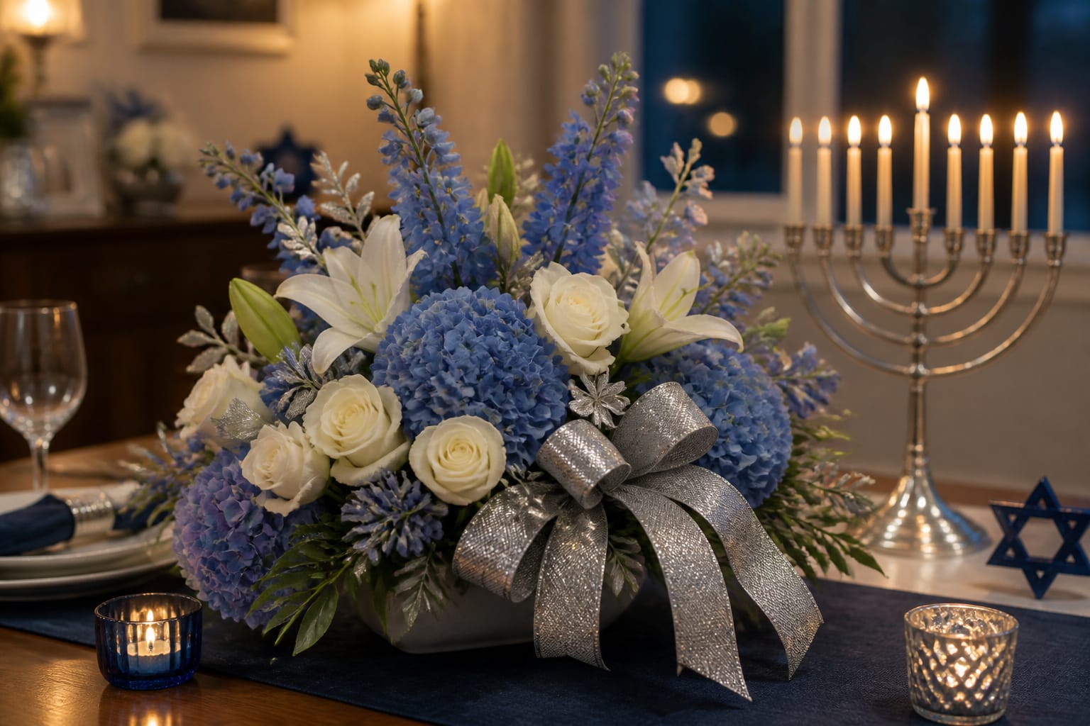 Blue and white Hanukkah floral centerpiece on a dining table near a menorah