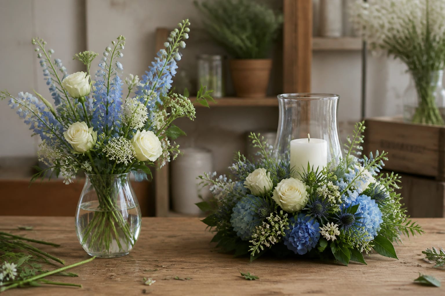 Comparing a water-based glass vase arrangement and a foam-based hurricane lamp centerpiece for Hanukkah