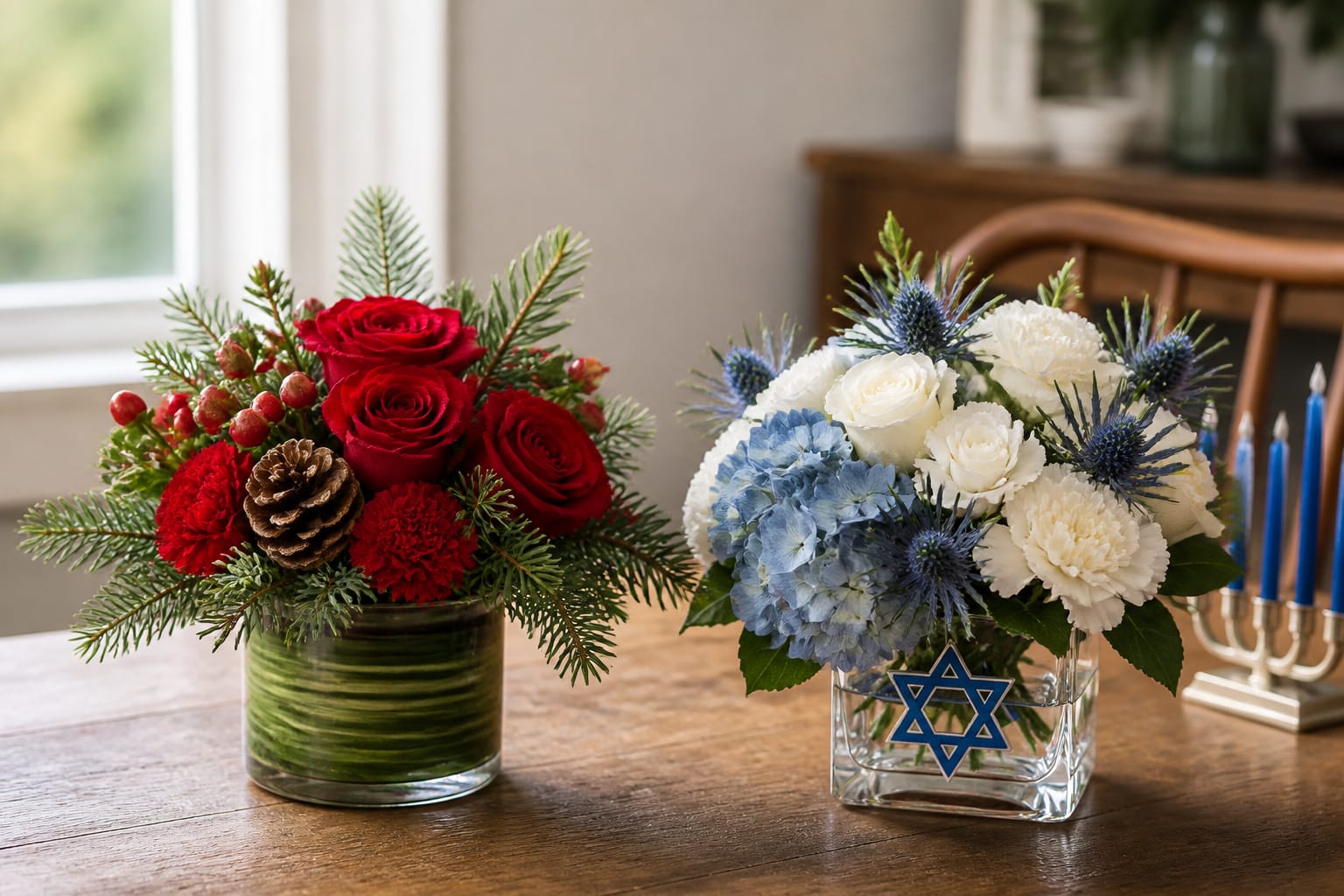 Side-by-side comparison of a red-and-green Christmas arrangement and a blue-and-white Hanukkah arrangement