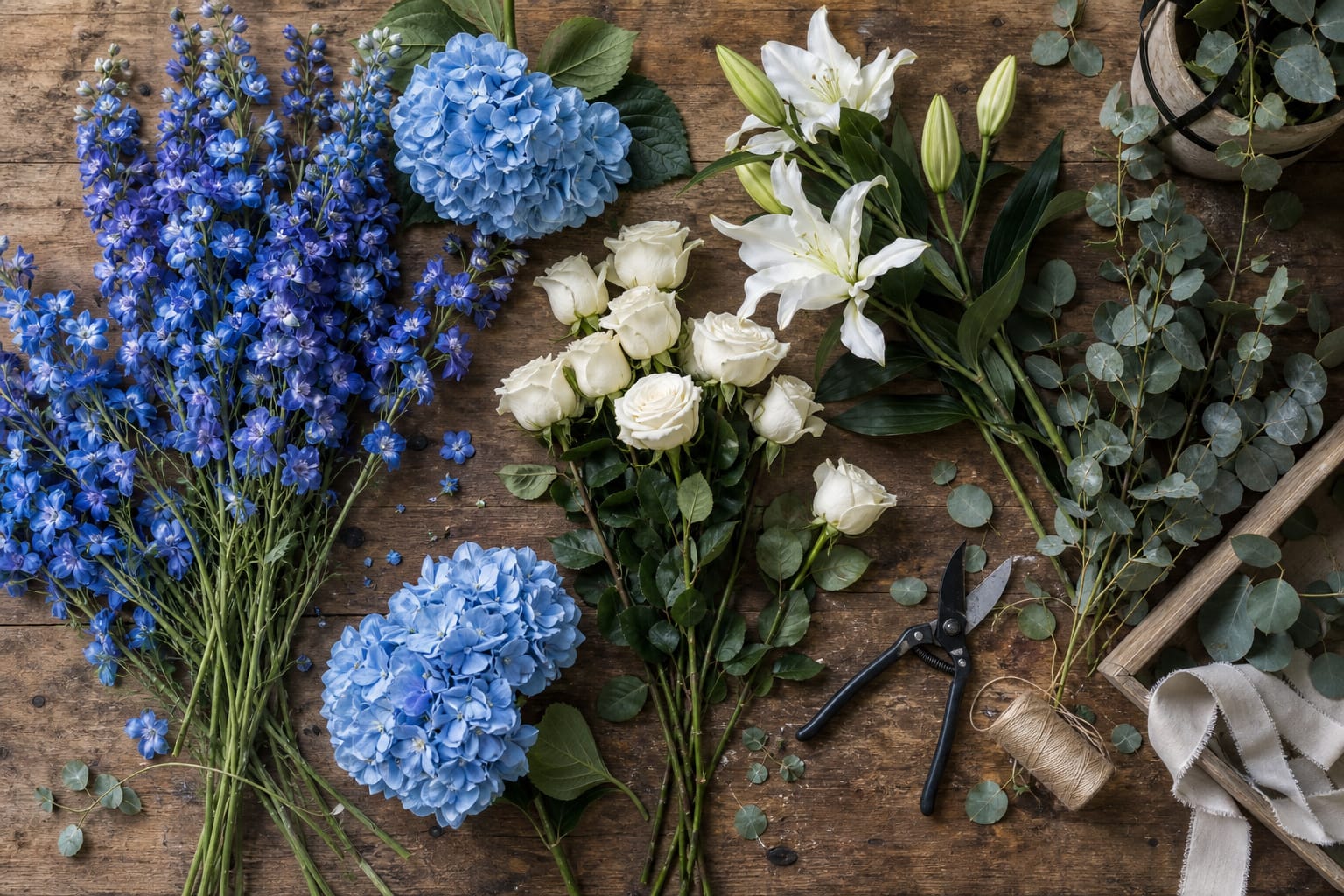 Blue and white flowers and greenery for a Hanukkah floral arrangement laid out on a workbench