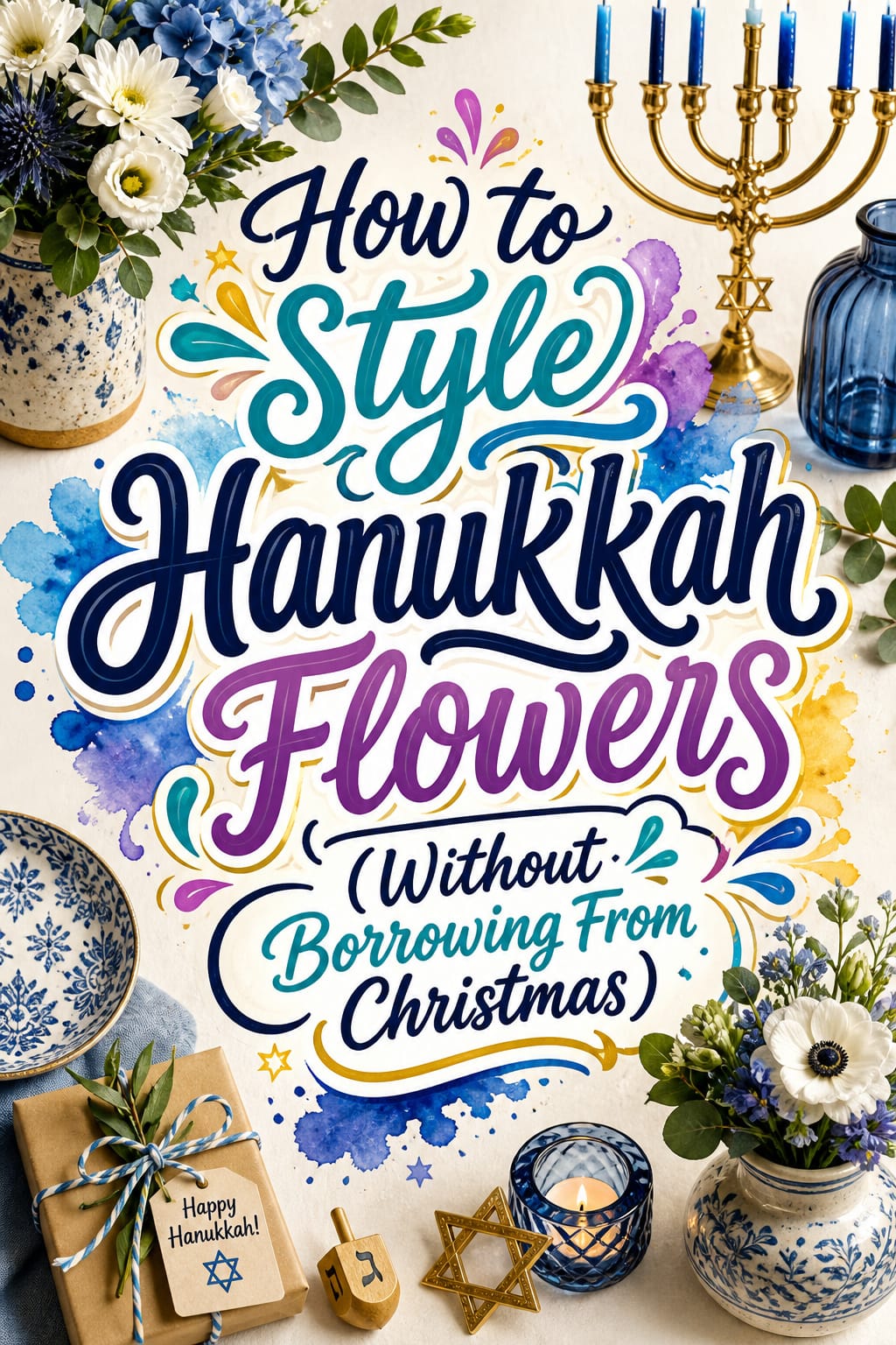 Pinterest graphic for How to Style Hanukkah Flowers (Without Borrowing From Christmas)