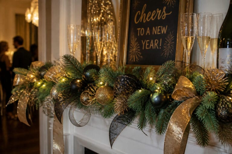 Christmas garland restyled with gold and black metallic ribbon for a New Year's Eve mantel display