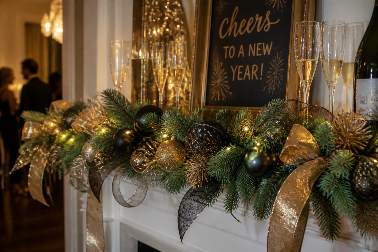 Christmas garland restyled with gold and black metallic ribbon for a New Year's Eve mantel display