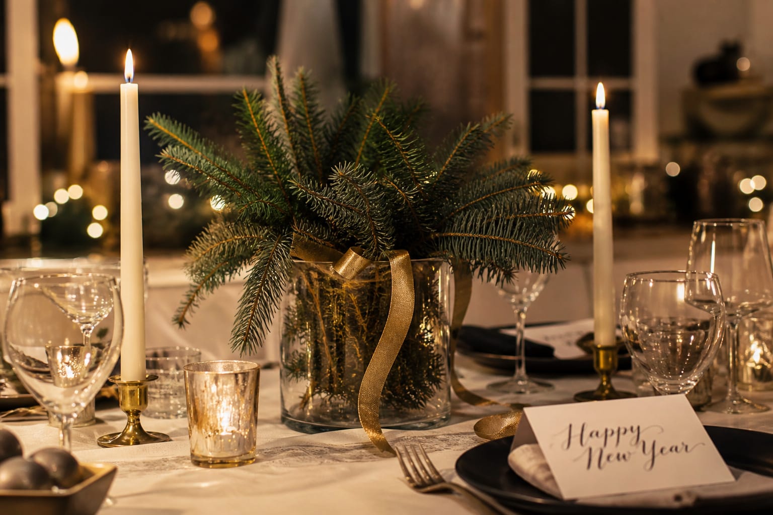 Quick New Year's Eve party centerpiece with evergreen clippings, gold ribbon, and taper candles