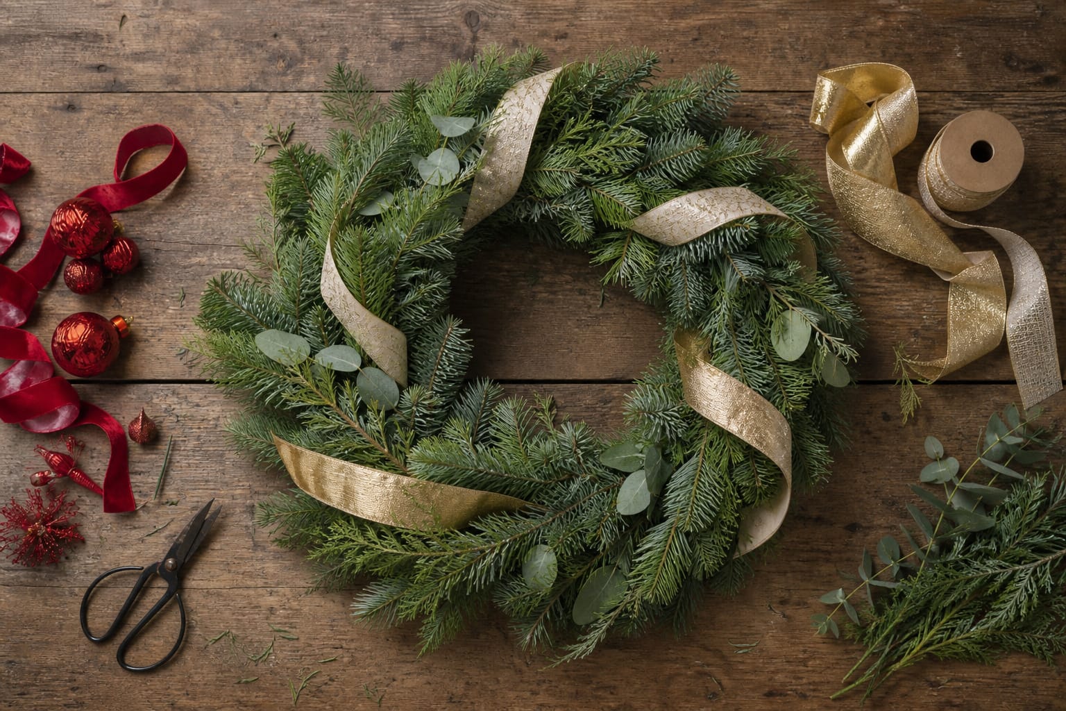Removing Christmas ornaments and ribbon from an evergreen wreath and replacing them with gold metallic ribbon