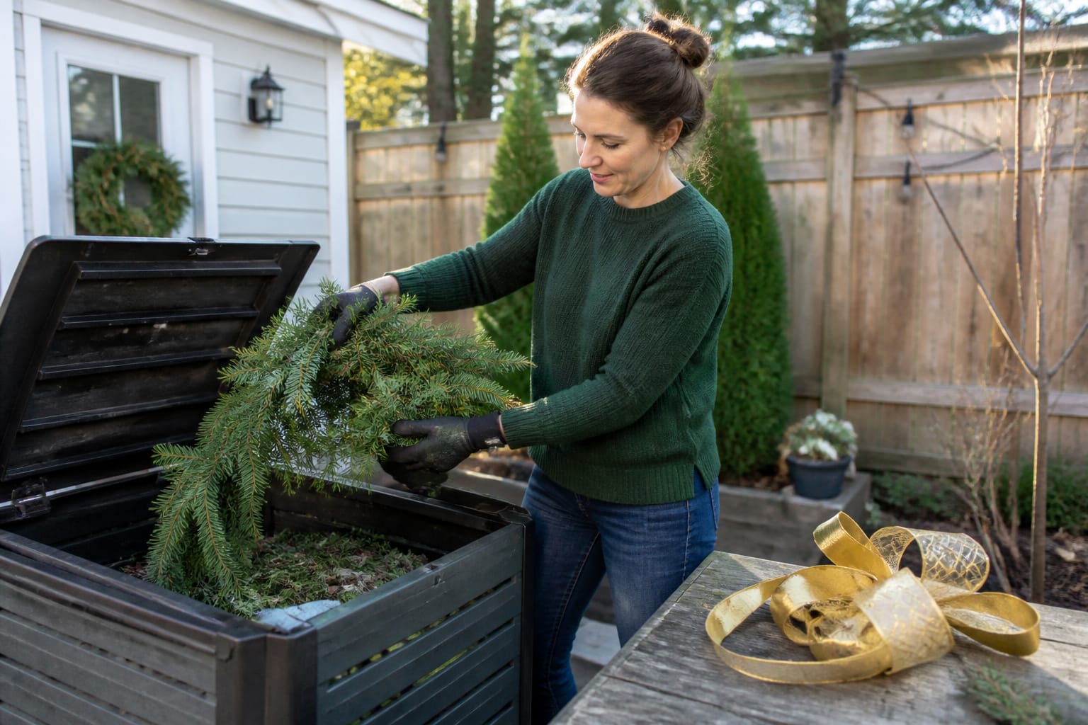 Gathering spent evergreen greenery for compost while saving the ribbon for reuse