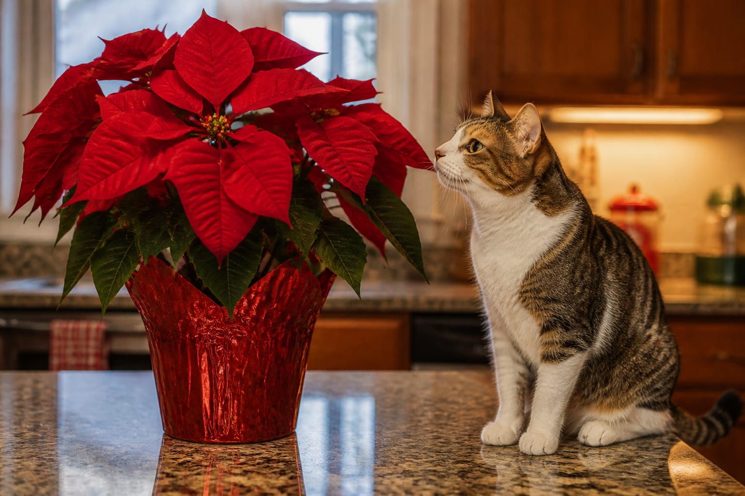A poinsettia displayed safely at home with a pet nearby