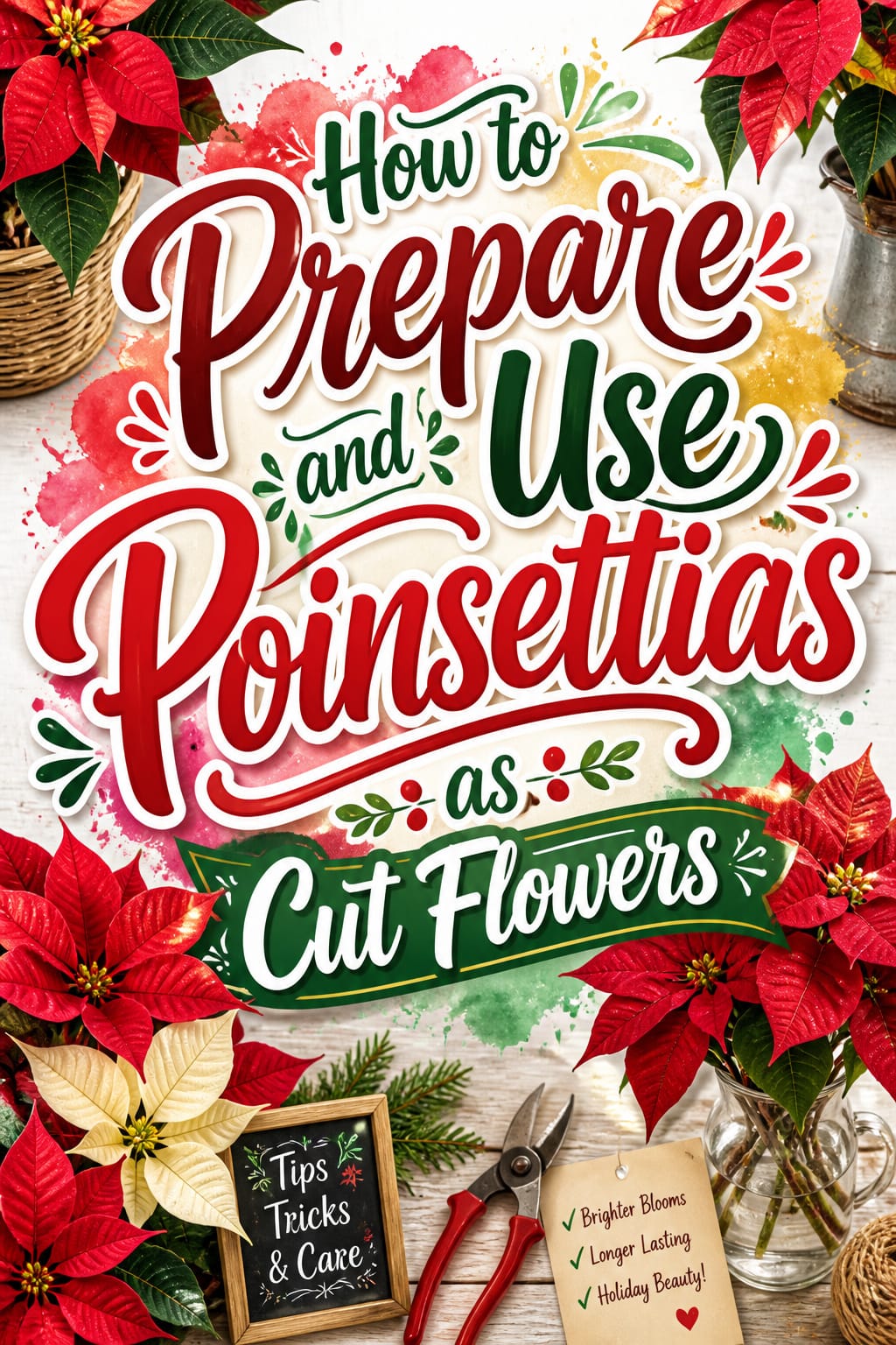 Pinterest graphic for How to Prepare and Use Poinsettias as Cut Flowers