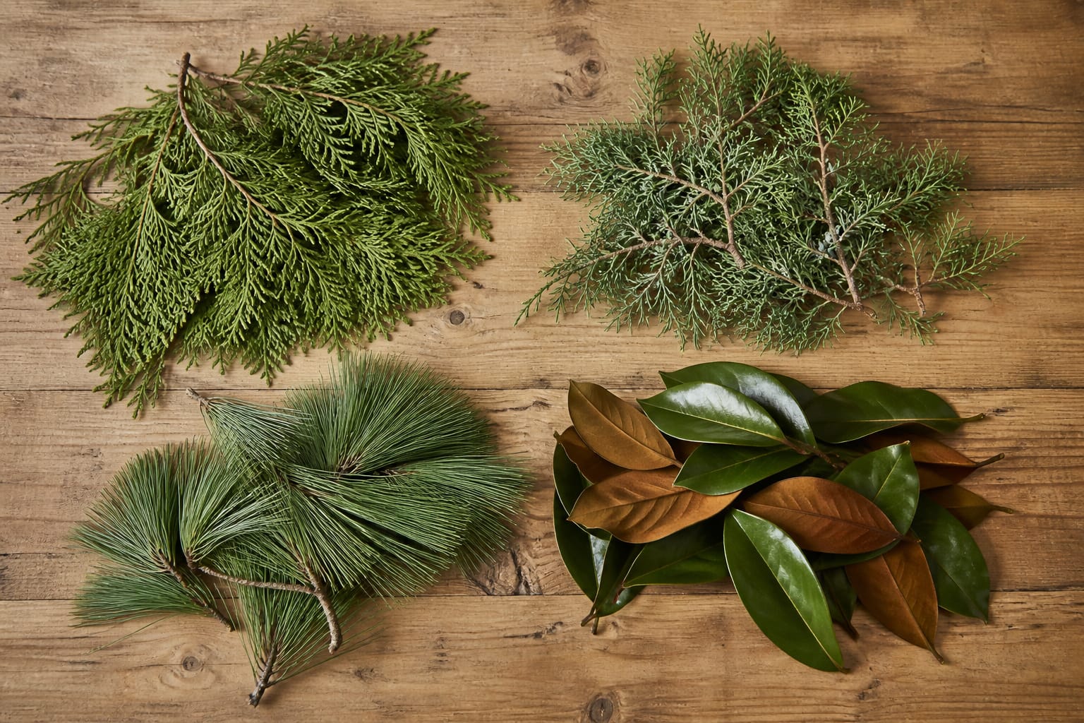 Overhead flat lay of affordable evergreen clippings sorted by type on a wooden table