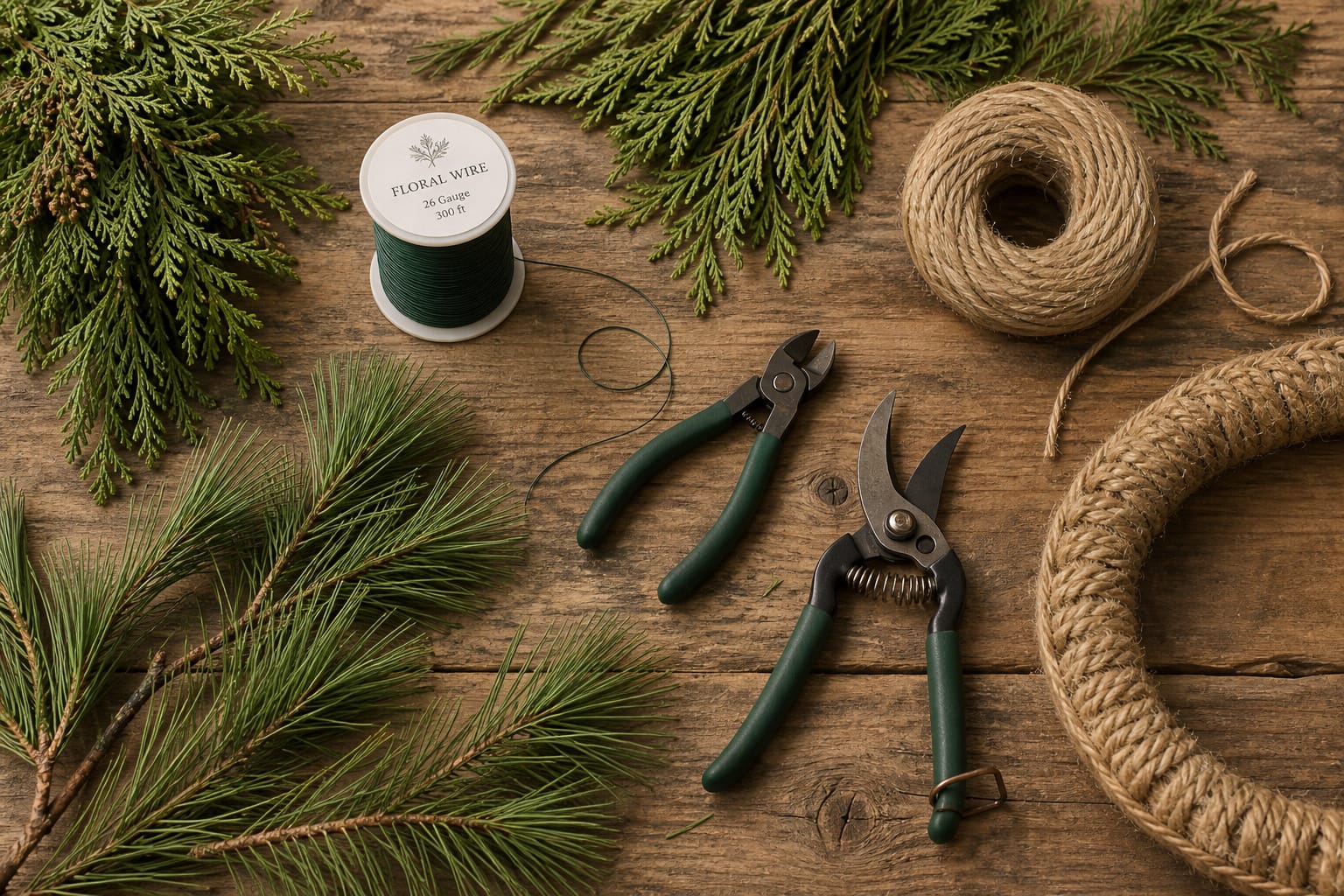 Overhead flat lay of wire, shears, twine, and evergreen clippings for making a Christmas garland