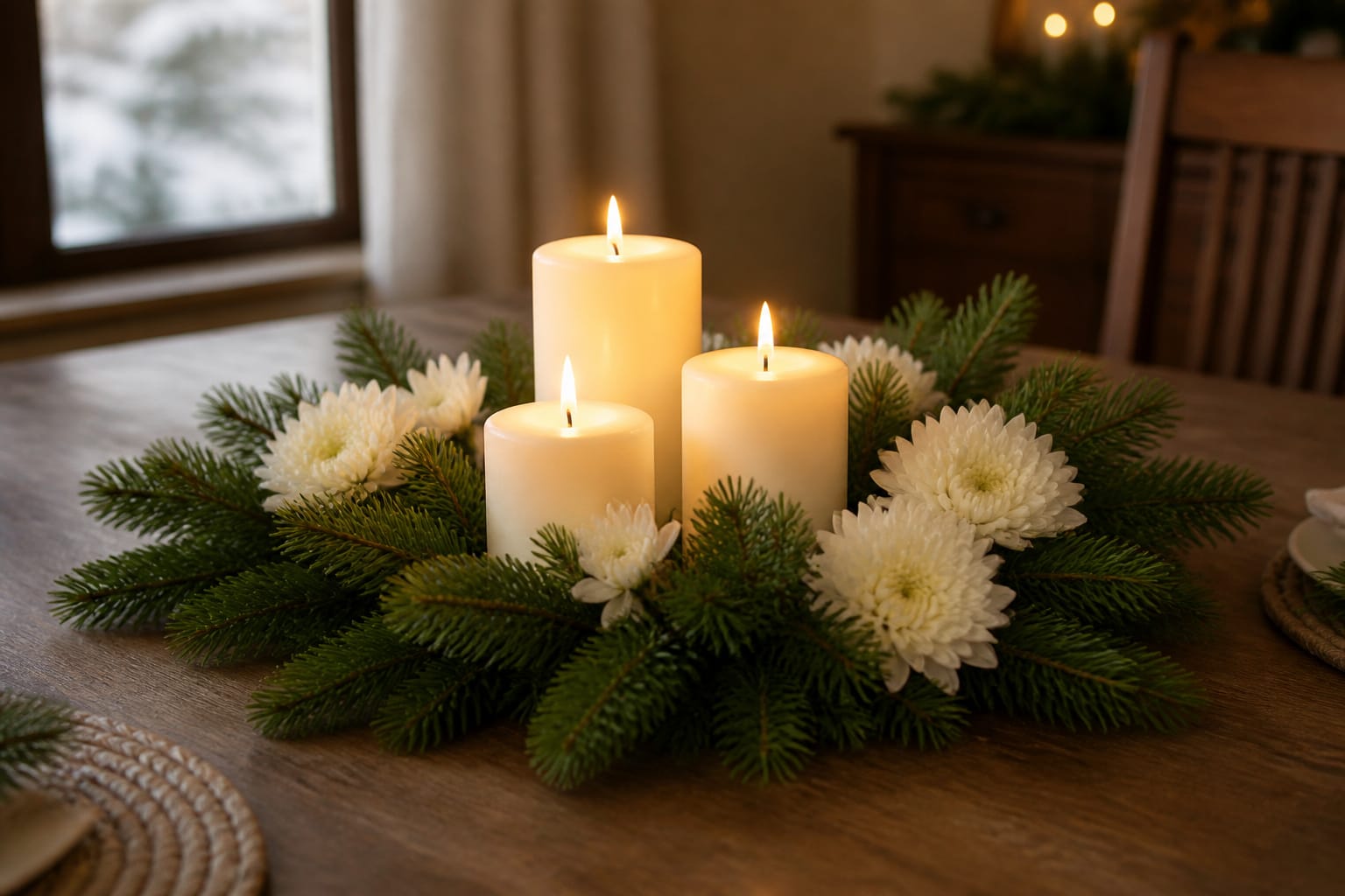 Pillar candles at varying heights burning safely with clear space from fresh fir and chrysanthemums in a holiday centerpiece