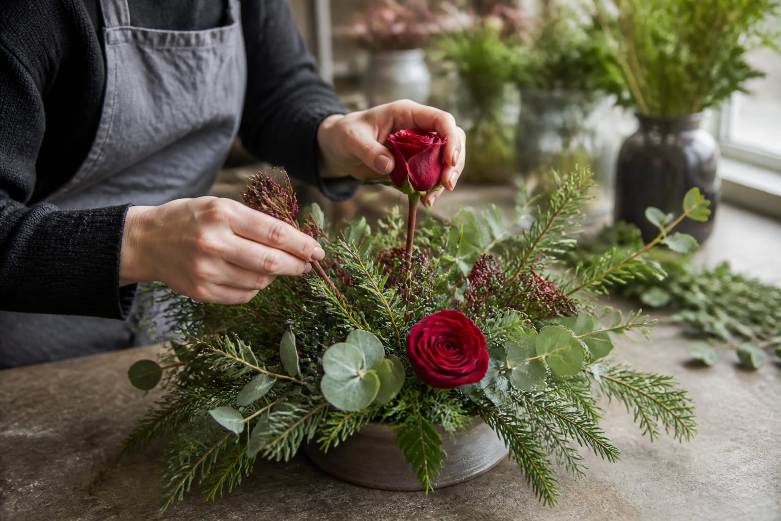 Florist swapping a faded dahlia for a fresh red rose in a holiday centerpiece, greenery base intact