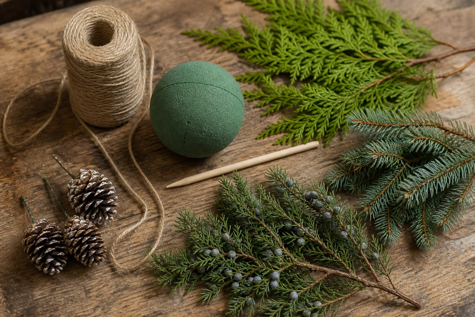 Christmas kissing ball supplies including floral foam sphere, jute twine, evergreen sprigs, and wired pinecones on a wood worktable