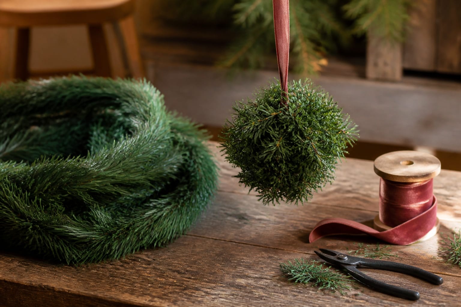 Faux pine garland being repurposed into a budget-friendly Christmas kissing ball